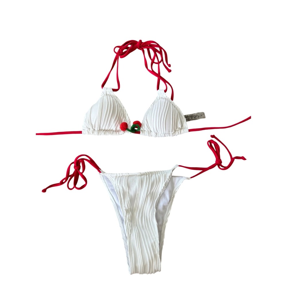 White Ribbed Cherry Pom Pom Triangle Bikini Set Red Contrast Ties Small